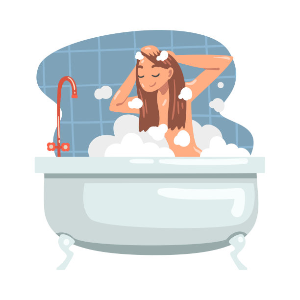 年轻女性洗澡在浴缸洗她的头发和身体与洗发水矢量插图图片下载