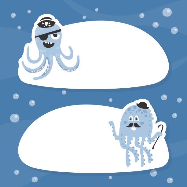 可爱有趣的章鱼海盗角色与空白标志板设置，生日派对横幅，海报，背景设计矢量插图图片下载