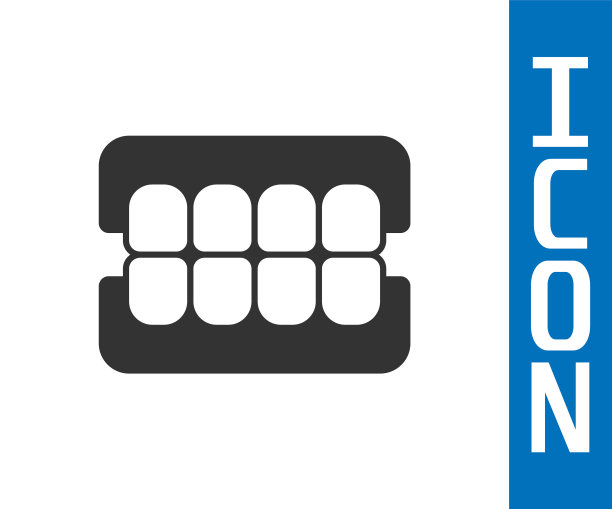 灰色假颌图标孤立在白色背景。牙颌或假牙，带有门牙的假牙。向量图片下载