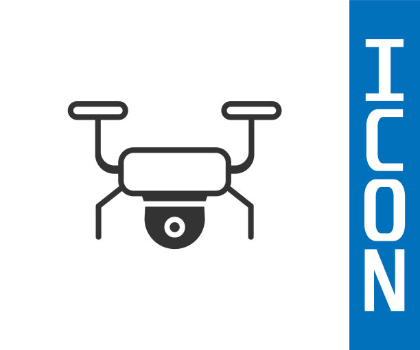 灰色无人机飞行图标孤立在白色背景。带有视频和照片相机符号的四轴飞行器。向量图片下载