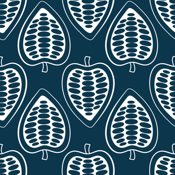 植物无缝模式与手绘水果和豆类在一个白色的背景。矢量可可豆插图。餐厅，商店，糖果店，厨房，咖啡厅，自助餐厅，酒吧的包装设计。图片下载