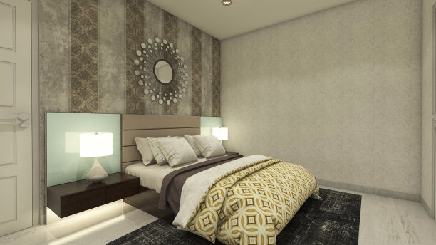 复古风格的简约卧室设计，舒适的床图片下载