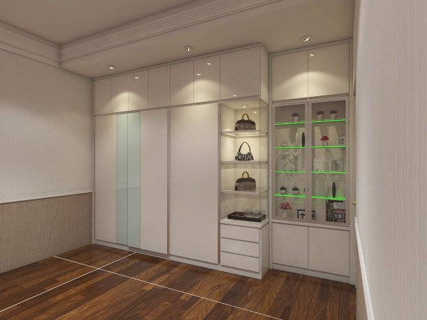 现代风格的衣柜服装设计与白色橱柜图片下载