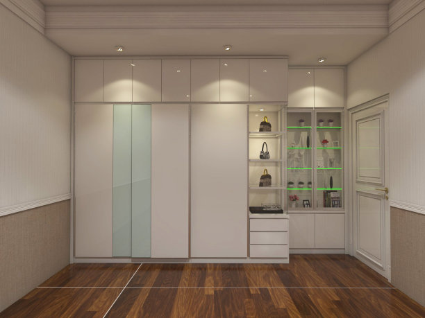 现代风格的衣柜服装设计与白色橱柜图片下载