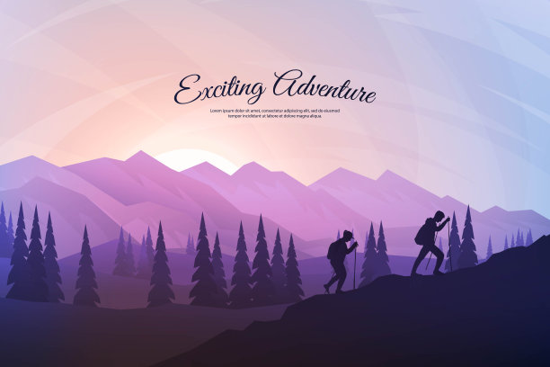 矢量背景与游客。发现、探索、观察自然的旅游理念。徒步旅行。旅行者背包攀爬和旅行手杖。网站模板。丰富多彩的日落场景图片下载