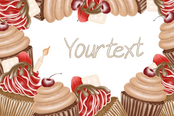矩形框纸杯蛋糕插图，棕色巧克力，红草莓颜色，糕点店模板图片下载