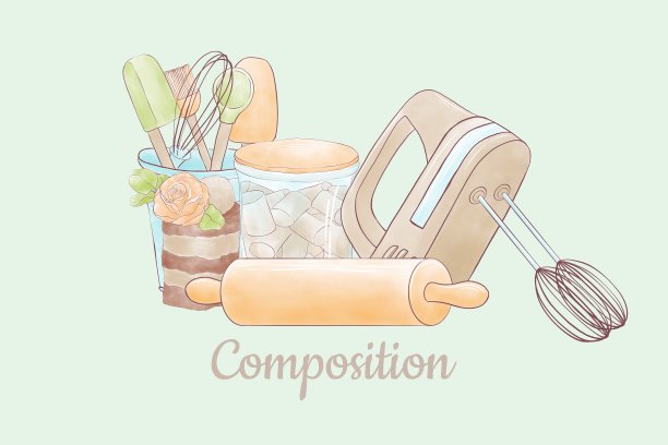 一组厨房用具和甜点，搅拌机，擀面杖，果酱罐，勺子桶，搅拌器，蛋糕在精致的浅绿色背景下图片下载