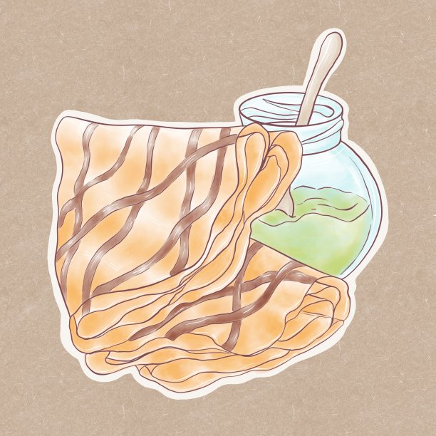 插图的煎饼与巧克力酱，一罐果酱，厨房贴纸上的工艺背景图片下载