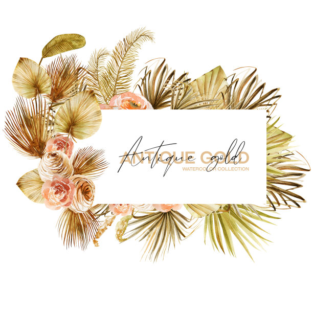 框架装饰水彩干玫瑰和干扇棕榈叶，手绘孤立的插图图片下载