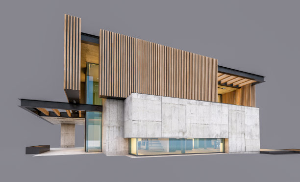 现代住宅的3d渲染与木板立面在晚上孤立在灰色图片下载