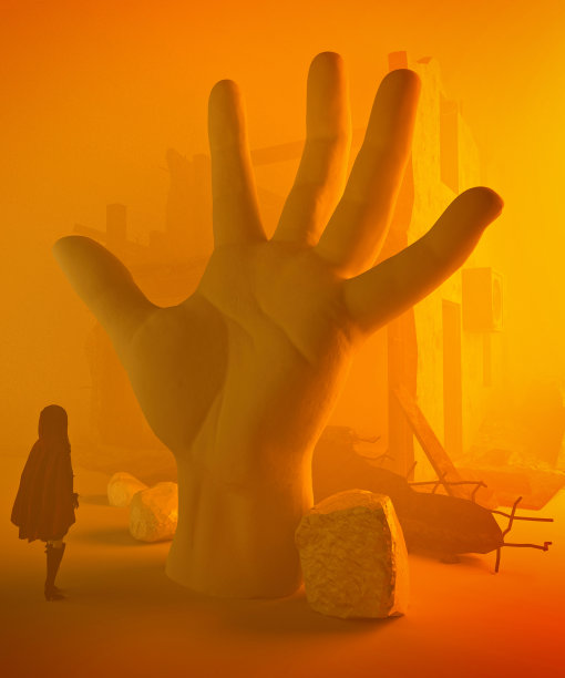 幻想，科幻，后末日景观。一只手伸出地面的雕像，一个戴兜帽的女孩在看着它图片下载