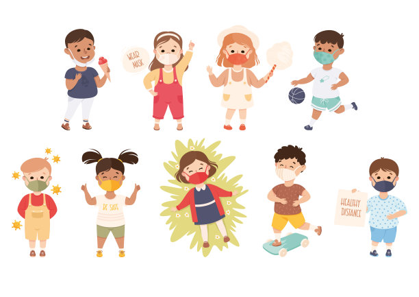 新正常的生活方式与快乐的孩子戴着口罩从事不同的活动向量集图片下载