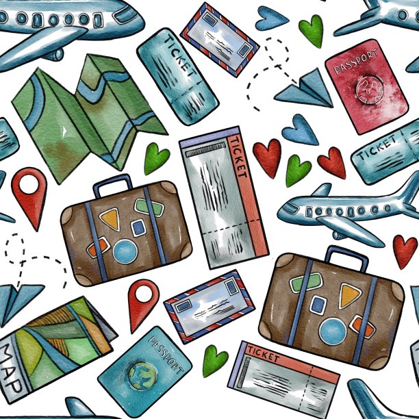 手绘水彩无缝图案世界旅游暑假。用于卡片，海报，明信片，背景，印刷，纺织，宣传册。图片下载