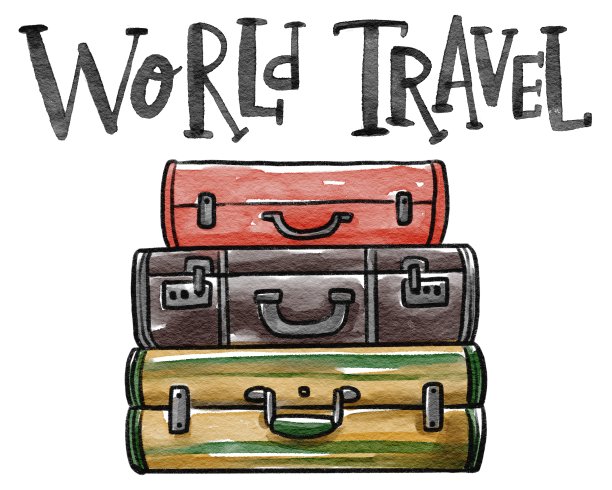 手绘水彩画世界旅游暑假包刻字。用于卡片，海报，明信片，背景，印刷，邀请图片下载