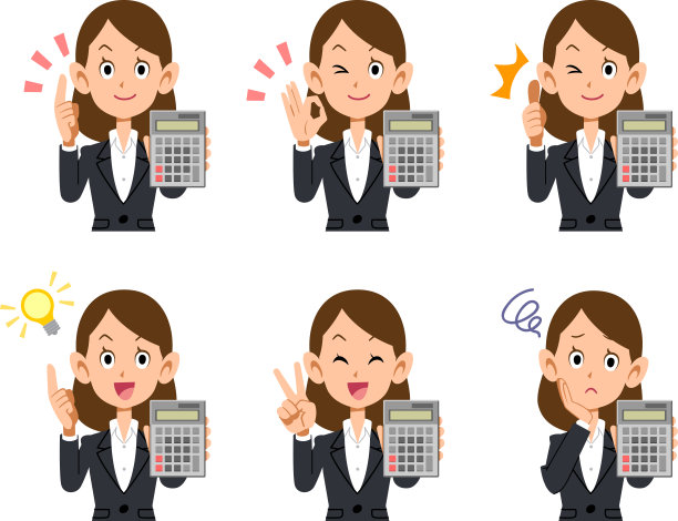 一套6个面部表情和手势的插图，一个穿着西装的女人与计算器图片下载