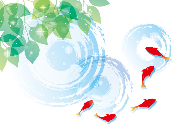 绿色的叶子，金鱼和涟漪的插图图片下载