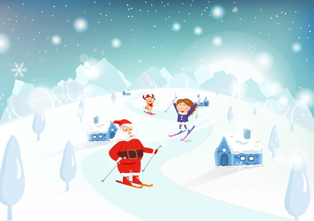 圣诞老人小孩和驯鹿在滑雪图片下载