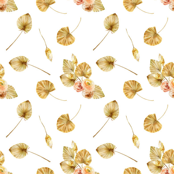 无缝图案与水彩干花，蒲苇草和干棕榈叶，插图上的白色背景图片下载