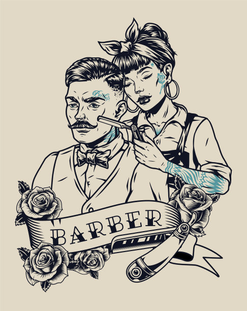 理发店复古单色标签图片下载