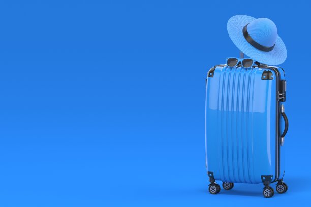 蓝色手提箱与夏季帽子3D图片下载