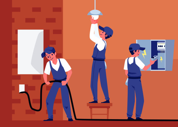 专业电工工人执行电气工程矢量插图。图片下载