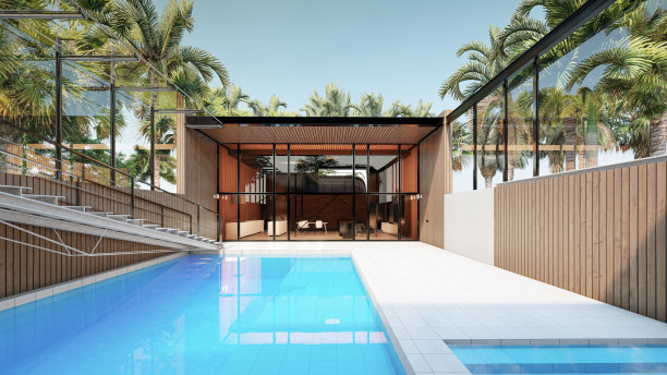 带有大开放游泳池的现代房子的3d渲染图片下载