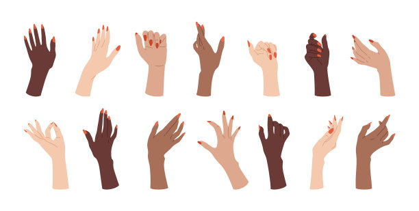 修剪整齐的指甲，手套多种族的手臂图片下载