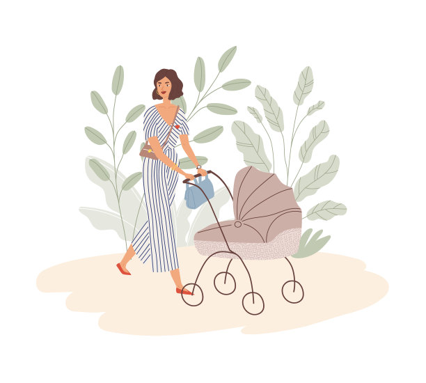 快乐的年轻妈妈走贝恩婴儿车现代图片下载