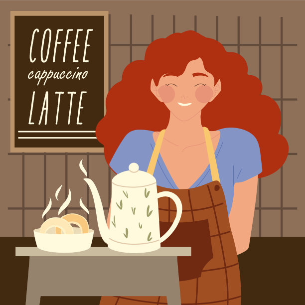 女服务员的肖像，茶壶和面包图片下载