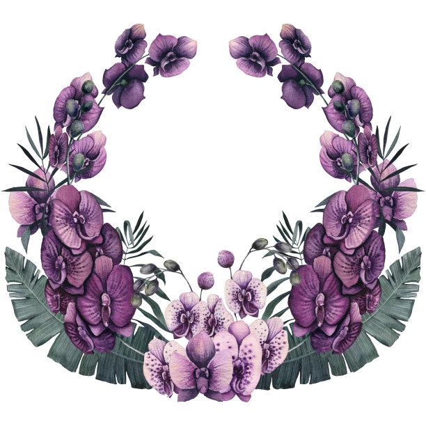 水彩香蕉叶和兰花花环图片下载