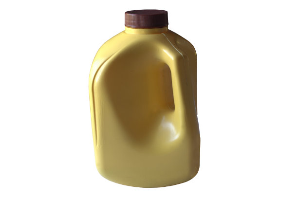黄色塑料瓶，有手柄和棕色盖子。图片下载
