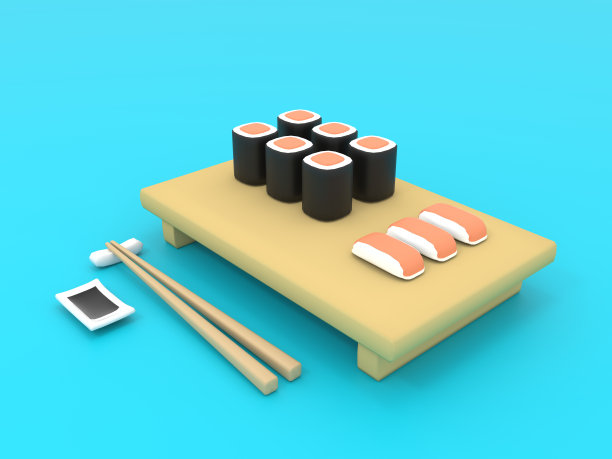 寿司日式食物的3D插图。3D渲染等距视图。图片下载
