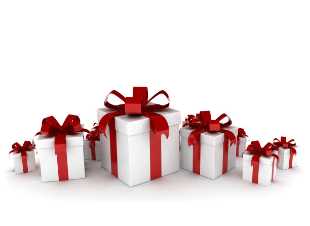 各种大小的礼物包裹在红色和金色的蝴蝶结和丝带图片下载