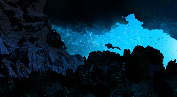 灯光下的身影。深绿色的水。海水的深度，海底，阳光穿过海水的光线，水下的世界，黑暗的大海的背景。3 d渲染。图片下载