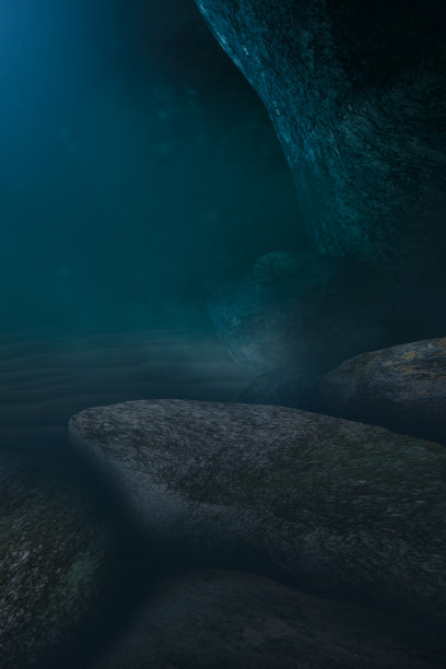 水下的光影。深绿色的水。海水深，海底深，阳光透过水，水下的世界，黑暗的海的背景。3 d渲染。图片下载