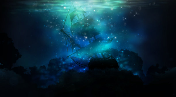 水下的光影。深绿色的水。海水深，海底深，阳光透过水，水下的世界，黑暗的海的背景。3 d渲染。图片下载