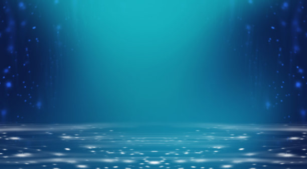 灯光下的身影。深绿色的水。海水的深度，海底，阳光穿过海水的光线，水下的世界，黑暗的大海的背景。3 d渲染。图片下载