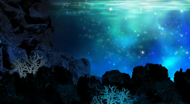 水下的光影。深绿色的水。海水深，海底深，阳光透过水，水下的世界，黑暗的海的背景。3 d渲染。图片下载