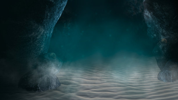 水下的光影。深绿色的水。海水深，海底深，阳光透过水，水下的世界，黑暗的海的背景。3 d渲染。图片下载