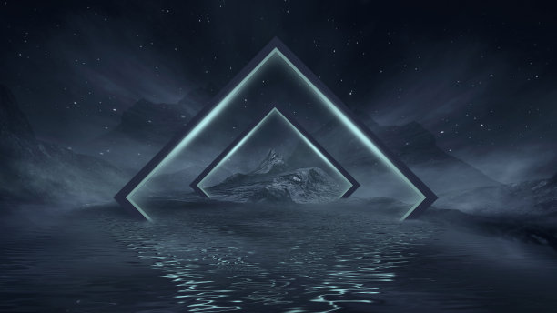 未来主义幻想的夜晚景观与抽象的景观和岛屿，月光，光辉，月亮，霓虹灯。黑暗的自然场景与光反射在水中。霓虹太空星系门户。3 d渲染。图片下载