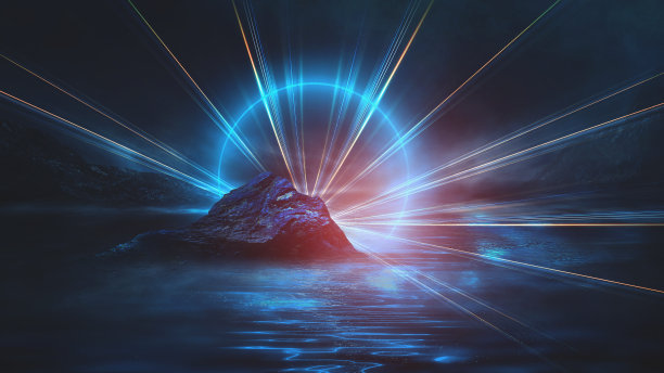 未来主义幻想的夜晚景观与抽象的景观和岛屿，月光，光辉，月亮，霓虹灯。黑暗的自然场景与光反射在水中。霓虹太空星系门户。3 d渲染。图片下载