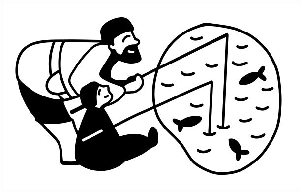 爸爸和儿子在湖上钓鱼。一个有趣的共同消遣在性质的父亲和孩子。黑色和白色插图，在一个孤立的背景上，为切割在绘图仪上父亲节。简单的标志和标志的形式图片下载