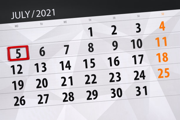 2021年7月的日历计划，截止日期，5日，周一图片下载