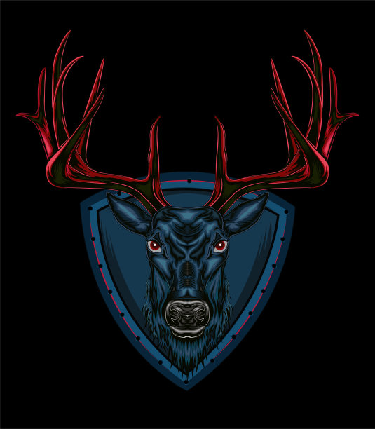 鹿头插图与装饰设计在黑暗的背景在严肃的脸。T恤设计，巴克标志，吉祥物，墙面装饰。图片下载