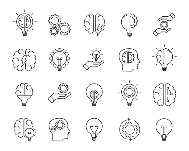 头脑风暴的图标集。人工光，大脑，灯泡，创意，开发，知识，头脑风暴，头脑风暴解决方案。矢量插图EPS10图片下载