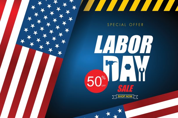 劳动节促销广告横幅模板装饰用美国国旗。美国劳动节壁纸。券折扣。矢量插图。图片下载