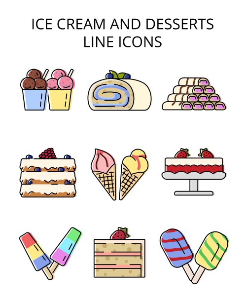 冰淇淋和甜点。一组彩色矢量图标在平面风格图片下载