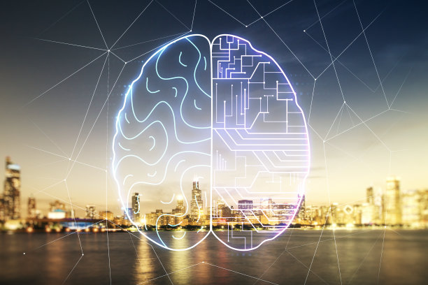 创意人工智能界面在芝加哥摩天大楼背景上的双重曝光。神经网络和机器学习的概念图片下载