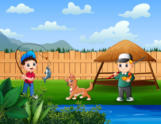 男孩喜欢在后院的池塘钓鱼图片下载