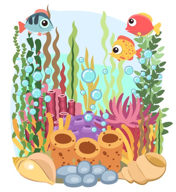 珊瑚礁。储层的底部。海海洋。在水下。景观有鱼，植物，藻类和珊瑚。泡沫。孤立。插图卡通风格。平面设计。矢量艺术图片下载